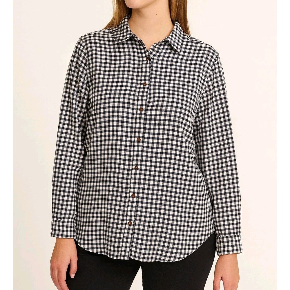 Lands End‎ Gingham Sz 10 Button Down Cotton Collared Long Sleeve Black White